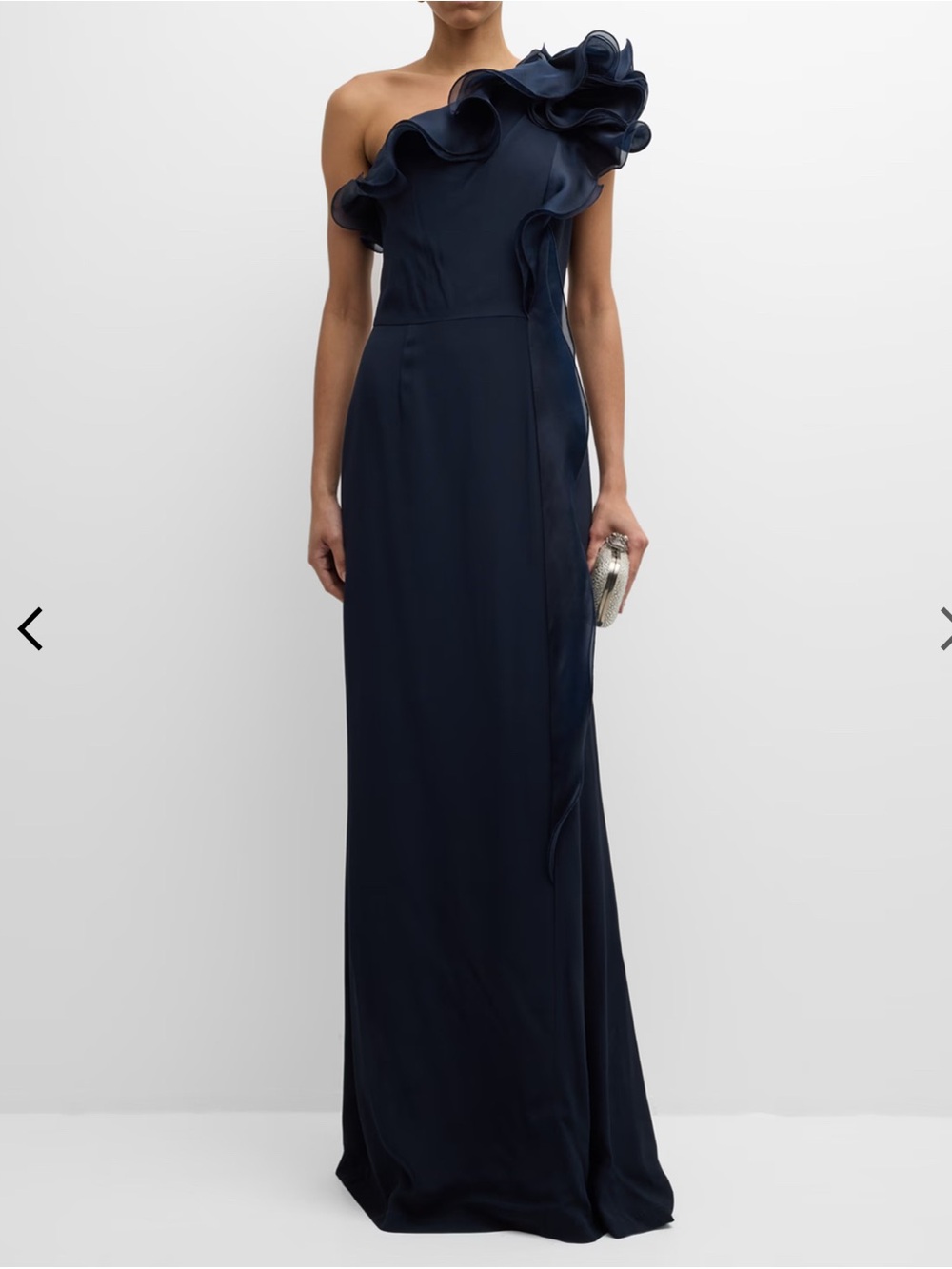 Teri Jon by Rickie Freeman One-Shoulder Navy Silk Ruffle Gown 4